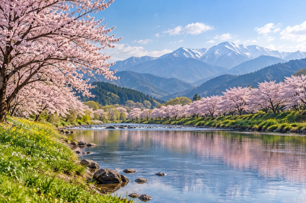 桜と山並みが広がる日本の春の風景のイメージ